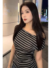 Short Sleeve Off Shoulder Striped Slim-Fit T-Shirt