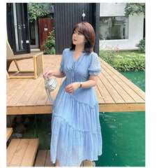 [XL-4XL] Puff-Sleeve V-Neck Plain Frill Trim Tie Front Midi A-Line Dress
