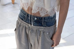 Elastic Waist Denim Panel Loose-Fit Wide-Leg Sweatpants