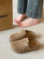 Platform Studded Buckled Faux Suede Mules