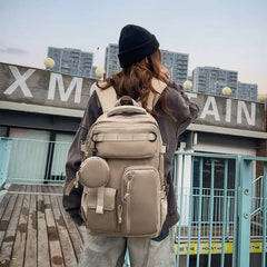 Set: Plain Multi-Pocket Fabric Backpack + Coin Purse