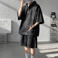 Set: 3/4-Sleeve Tie Dye Grommet Half-Zip Hoodie + Elastic Waist Wide Leg Sweat Shorts
