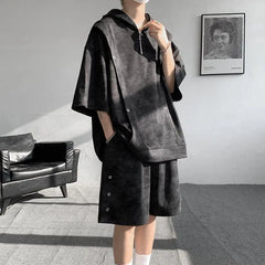 Set: 3/4-Sleeve Tie Dye Grommet Half-Zip Hoodie + Elastic Waist Wide Leg Sweat Shorts