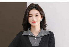 Mock Two-Piece Long-Sleeve Striped Collar Sweater