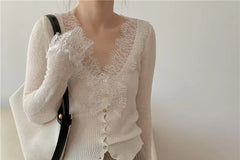 V-Neck Lace Panel Button-Up Sheer Cardigan