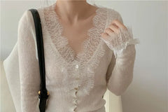 V-Neck Lace Panel Button-Up Sheer Cardigan