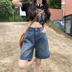 Mid Waist Washed Denim Shorts