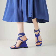 Wedge Heel Square Toe Ankle Strap Rhinestone Sandals