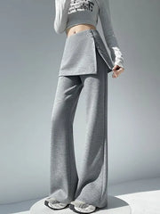 Mid Rise Plain Slit Skirt Overlay Flared Sweatpants