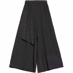 Mid Waist Lace Panel Crop Wide Leg Pants