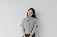 [L - 3XL] Plain Collared Button-Up Short-Sleeve Crop Shirt