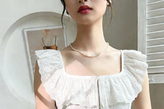 Cap-Sleeve Square Neck Ruffle Trim Hook And Eye Eyelet Lace Crop Corset Top