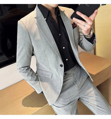 Set: Lapel Collar Plain Blazer + Tapered Dress Pants