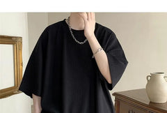 Elbow-Sleeve Crew Neck Plain Ribbed Oversized T-Shirt