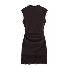 Sleeveless Mock Neck Plain Ruched Panel Lace Mini A-Line Dress