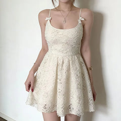 Spaghetti Strap Scoop Neck Lace Mini A-Line Dress