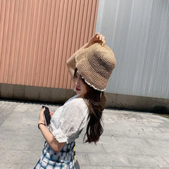 Lace Trim Straw Bucket Hat