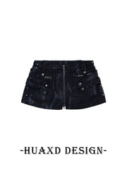 Mid Rise Tie Dye Studded Zip Mini Denim Skort