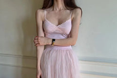 Spaghetti Strap  V-Neck Lace Trim Chiffon Panel Long Dress