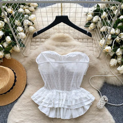 Detachable Strap Plain Rhinestone Peplum Panel Mesh Bustier Top