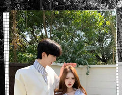 Couple Matching Mock Two-Piece Short-Sleeve Striped Collar Top