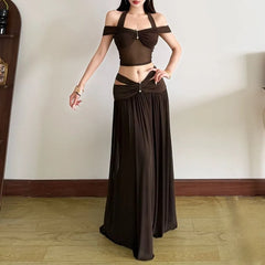 Halter Neck Off-Shoulder Plain Sheer Panel Crop Top / Low Rise Cutout Maxi A-Line Skirt