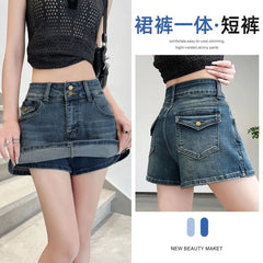 High Waist Washed Denim Mini A-Line Skort