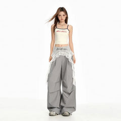 Mid Rise Lace Skirt Overlay Wide Leg Cargo Pants (Various Designs)