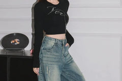 High Waist Washed Distressed Barrel Leg Baggy Jeans
