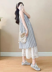 Maternity Sleeveless Round Neck Striped Button Midi A-Line Dress / Drawstring Waist Plain Lace Wide Leg Pants