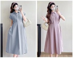 Maternity Cap Sleeve Collared Plain Midi A-Line Shirt Dress