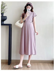 Maternity Cap Sleeve Collared Plain Midi A-Line Shirt Dress