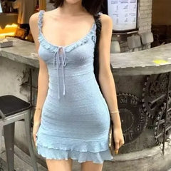 Spaghetti Strap V-Neck Plain Ruffle Trim Tie Waist Mini Bodycon Dress