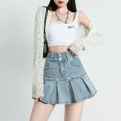 Mid Waist Denim Mini Pleated Skort