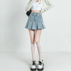 Mid Waist Denim Mini Pleated Skort