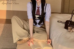 Short-Sleeve Collared Pinstriped Button Up Crop Shirt / Argyle Crop Camisole Top / Neck Tie / Mid Rise Plain Wide Leg Pants / Set