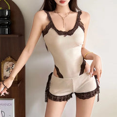 Spaghetti Strap V-Neck Lace Trim Open Back Bodysuit Top / Low Rise Hot Pants