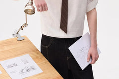 Set: Elbow-Sleeve Pinstriped Button-Up Shirt + Necktie