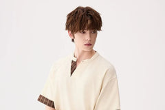 Elbow-Sleeve Stand Collar Plaid Panel T-Shirt