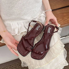 Braided Loop Toe Faux Leather Low Heel Sandals
