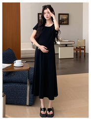 Maternity Short-Sleeve Scoop Neck Plain Midi Smock Dress