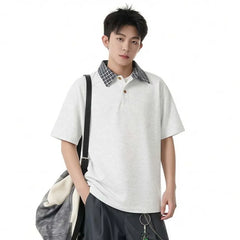 Mock Two-Piece Elbow-Sleeve Plaid Collar Polo Shirt
