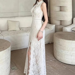 Sleeveless Mock Neck Cutout Slit Lace Maxi A-Line Dress