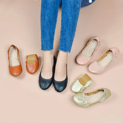 Foldable Plain Faux Leather Flats