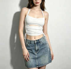 Halter Neck Plain Cut-Out Side Drawstring Slim-Fit Crop Camisole Top