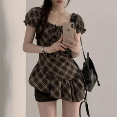 Short-Sleeve Square Neck Plaid Ruffle Trim Asymmetrical Top