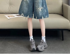 Mid Rise Washed Distressed Wide Leg Jorts