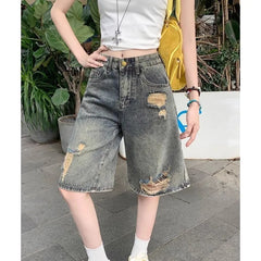 Mid Rise Distressed Wide Leg Jorts