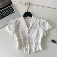Short-Sleeve Lace Corset Crop Shirt