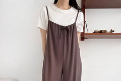 Plain Drawstring Suspender Wide-Leg Jumpsuit